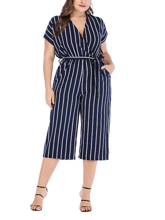 Short Sleeve V-neck Striped Plus Size Jumpsuit