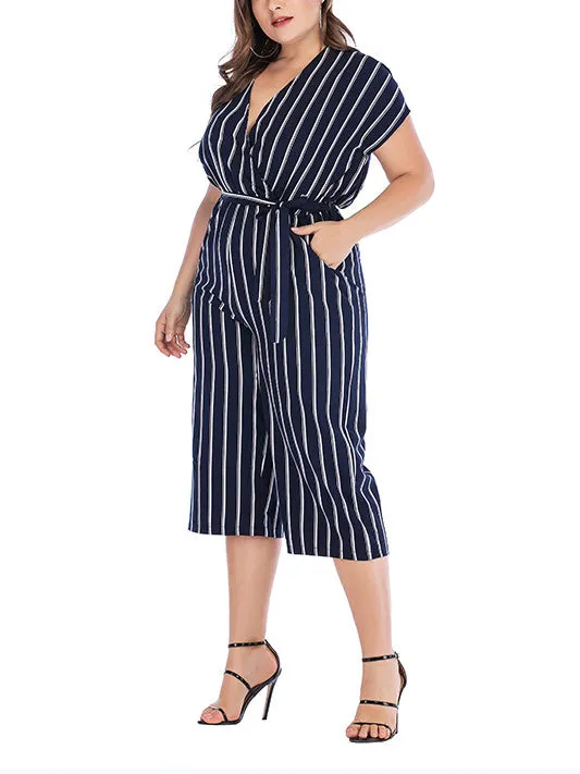 Short Sleeve V-neck Striped Plus Size Jumpsuit