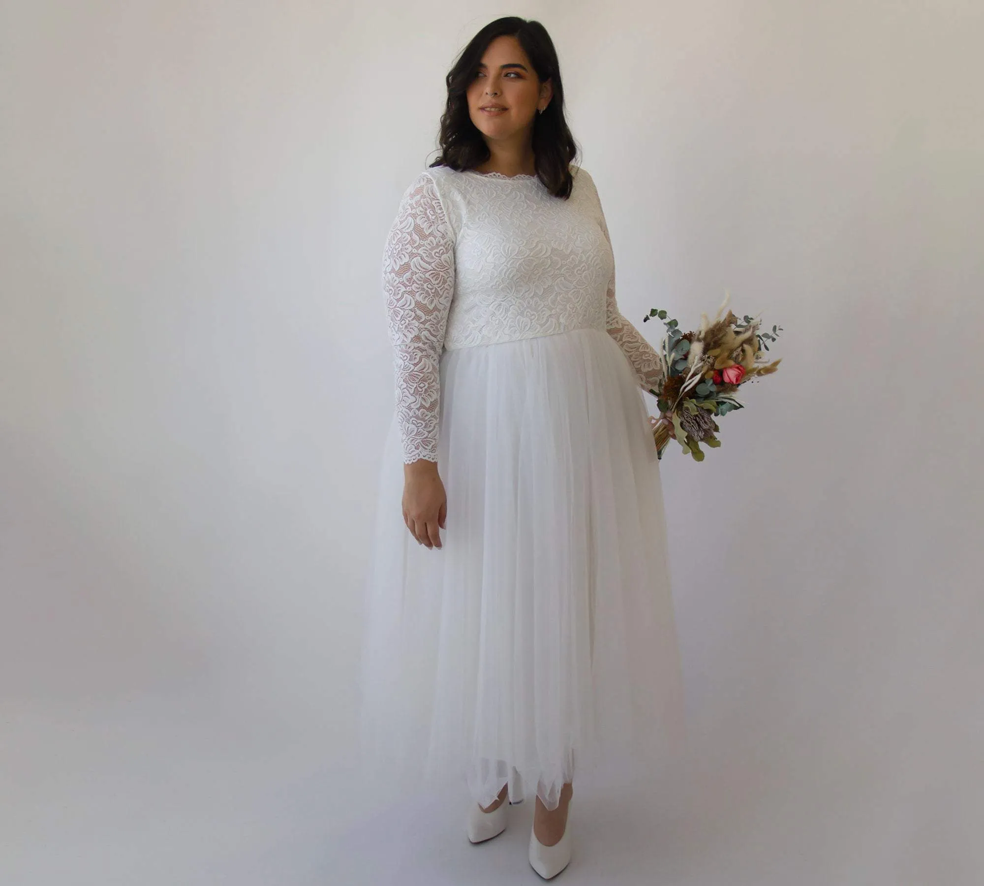 Short wedding dress ,Curvy  Ivory Boat neckline Tulle & Lace Midi Dress #1323