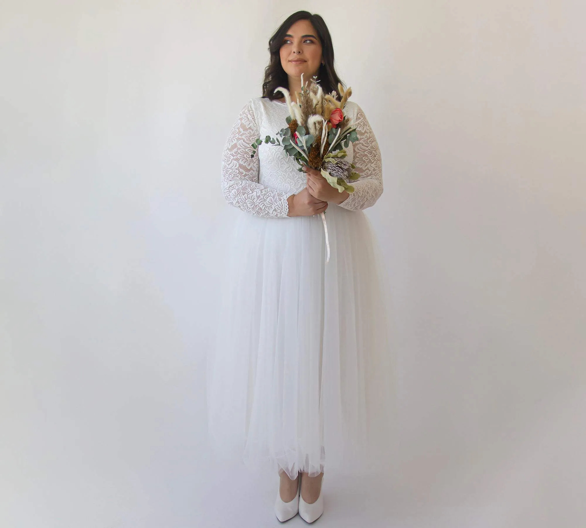Short wedding dress ,Curvy  Ivory Boat neckline Tulle & Lace Midi Dress #1323