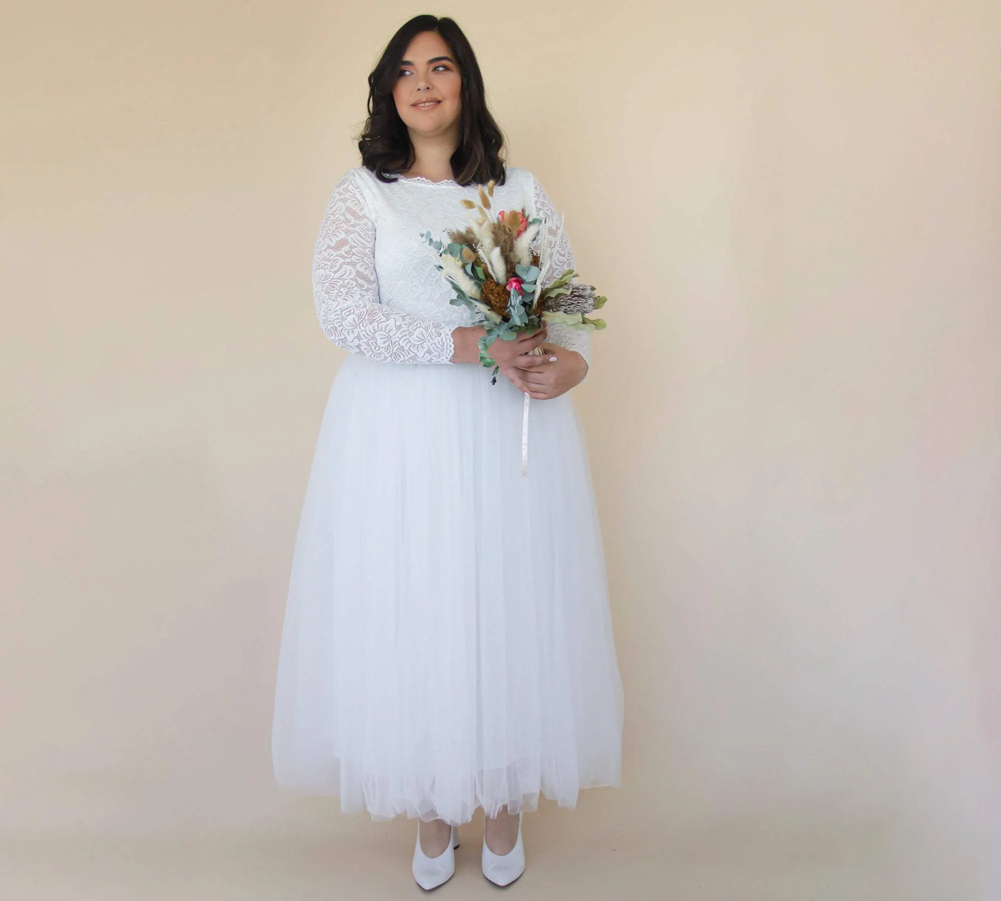Short wedding dress ,Curvy  Ivory Boat neckline Tulle & Lace Midi Dress #1323