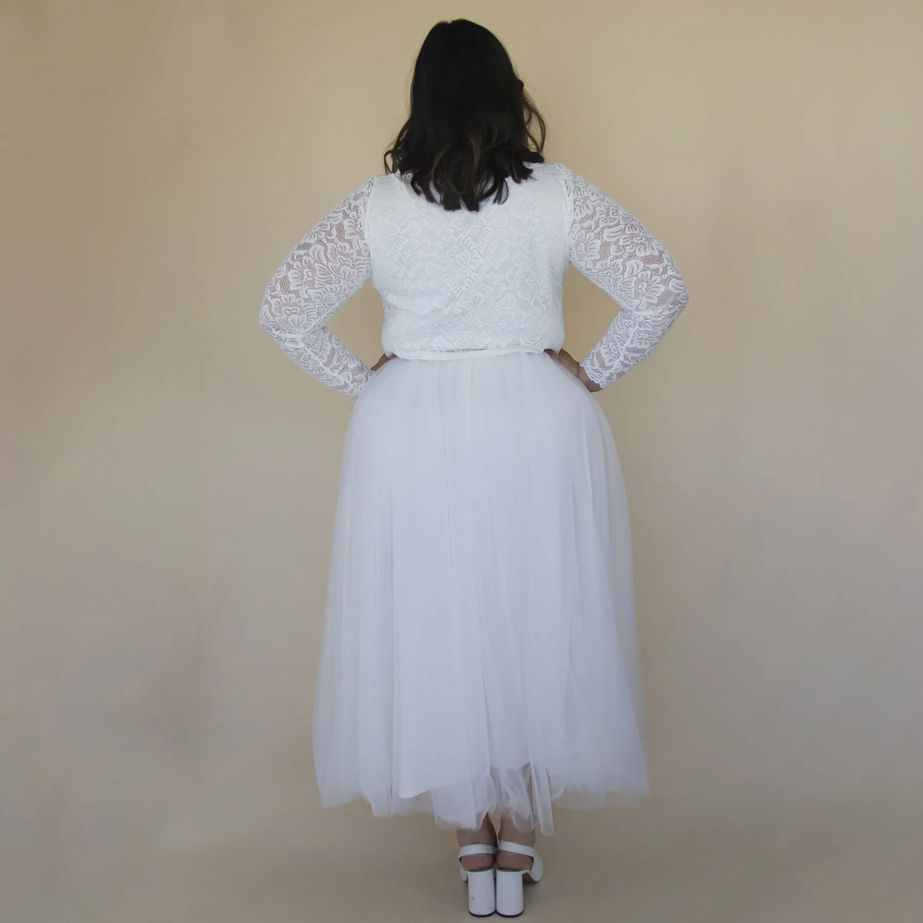 Short wedding dress ,Curvy  Ivory Boat neckline Tulle & Lace Midi Dress #1323