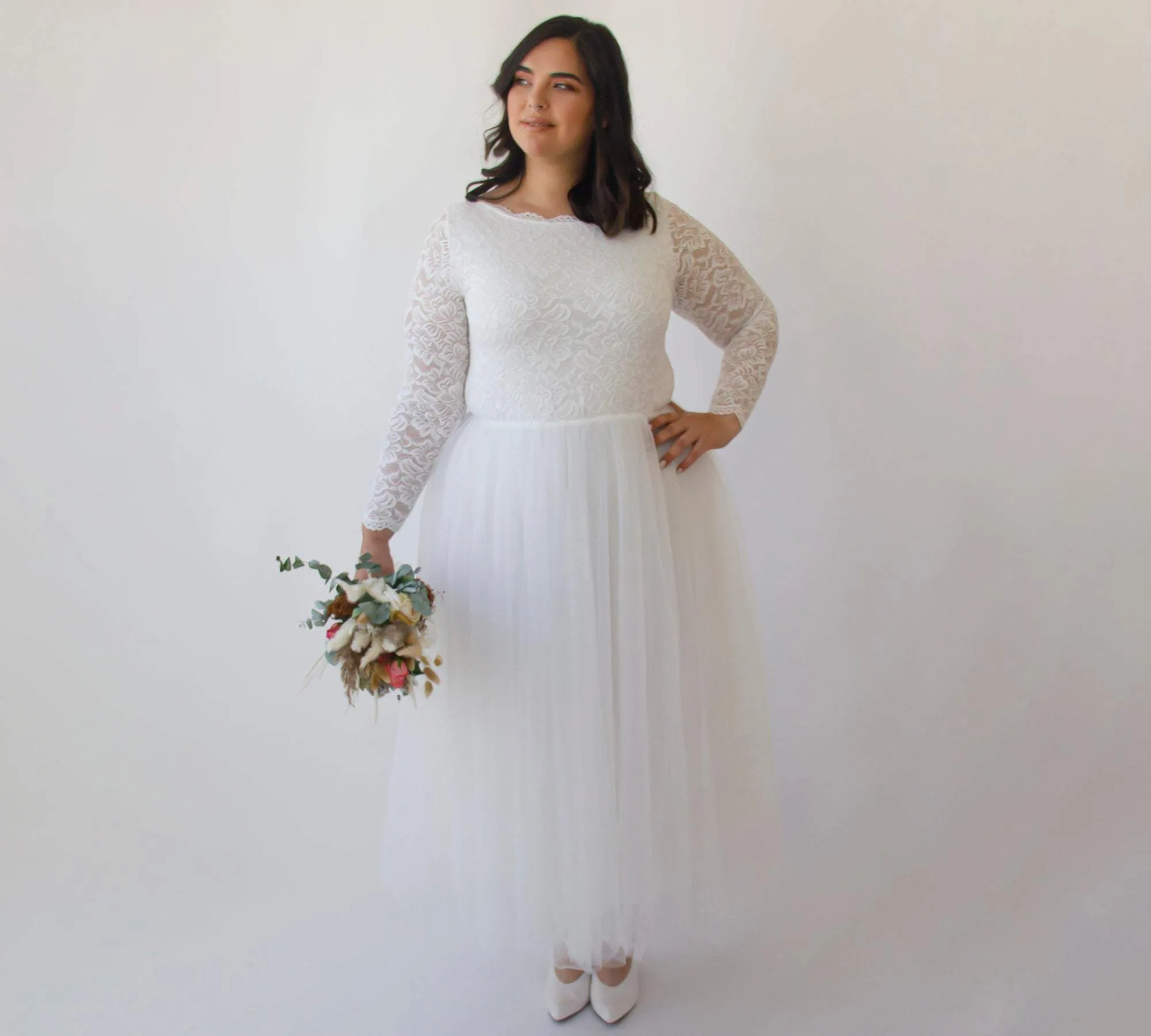 Short wedding dress ,Curvy  Ivory Boat neckline Tulle & Lace Midi Dress #1323
