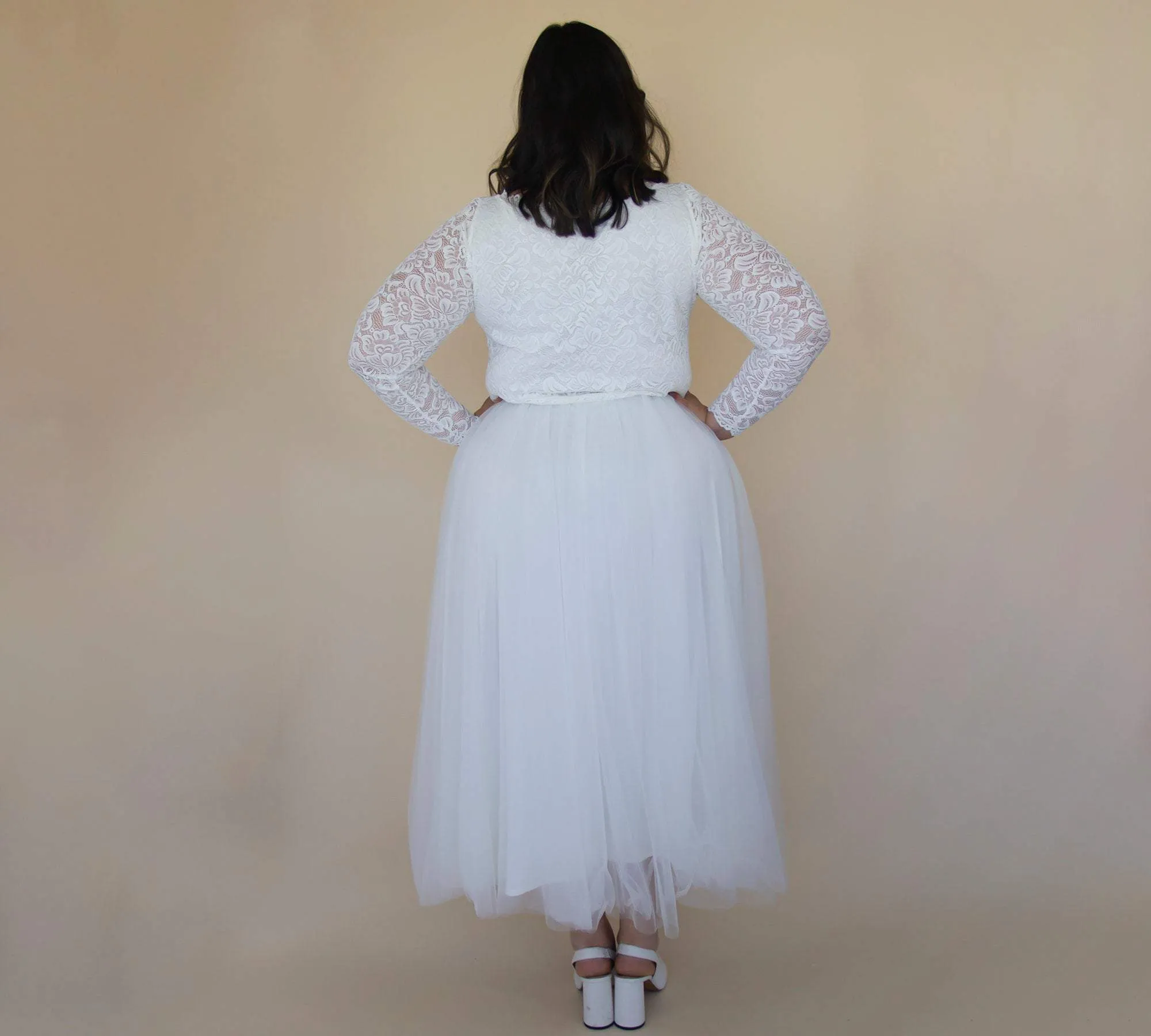 Short wedding dress ,Curvy  Ivory Boat neckline Tulle & Lace Midi Dress #1323