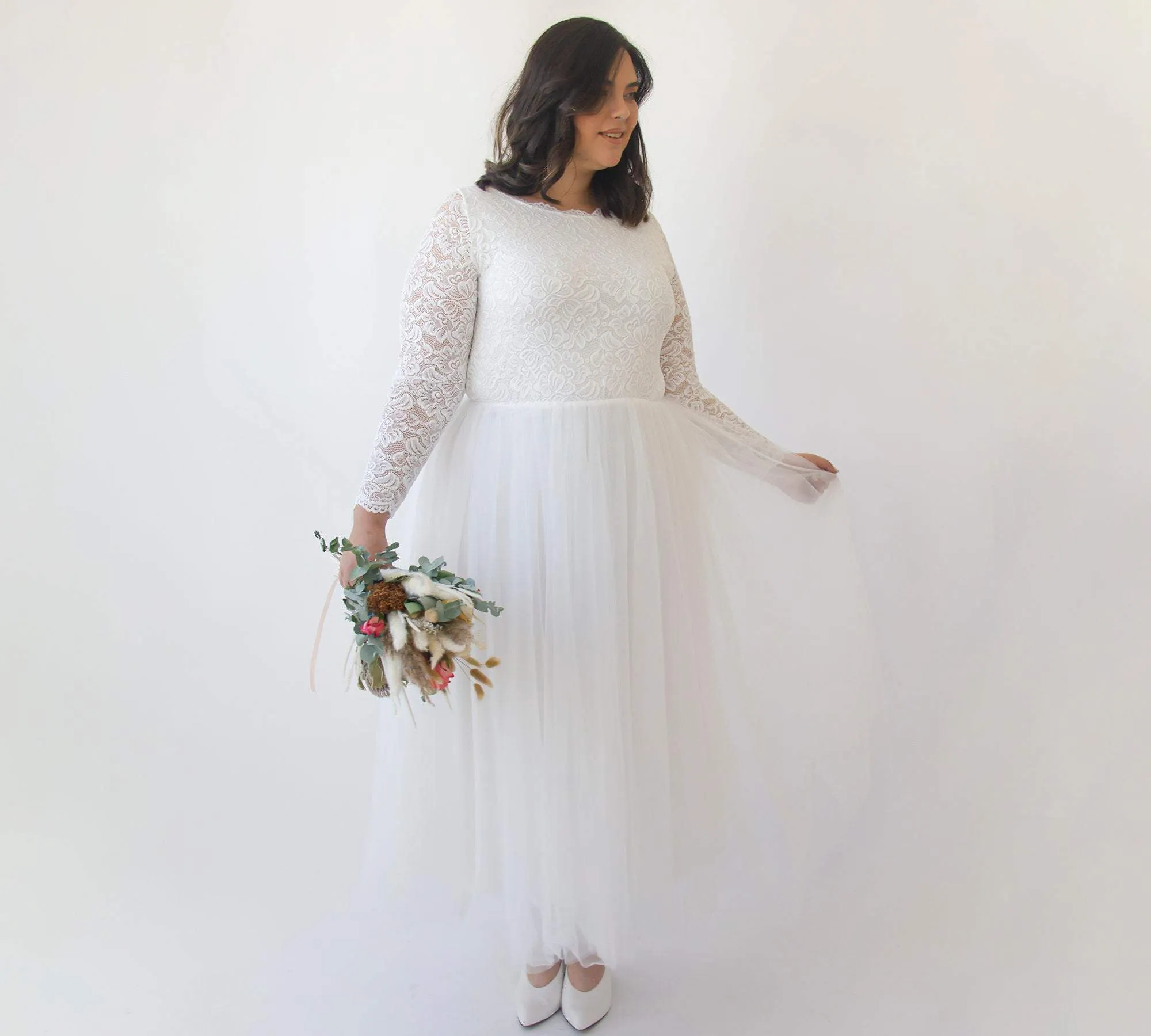 Short wedding dress ,Curvy  Ivory Boat neckline Tulle & Lace Midi Dress #1323