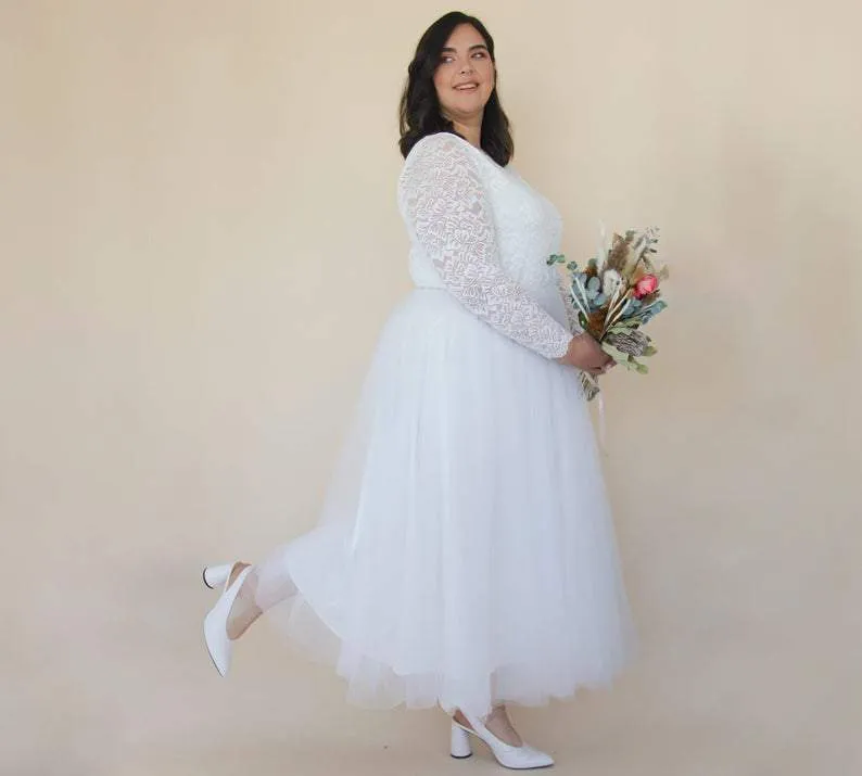 Short wedding dress ,Curvy  Ivory Boat neckline Tulle & Lace Midi Dress #1323