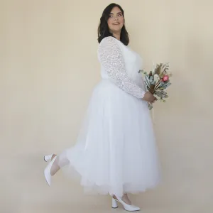 Short wedding dress ,Curvy  Ivory Boat neckline Tulle & Lace Midi Dress #1323