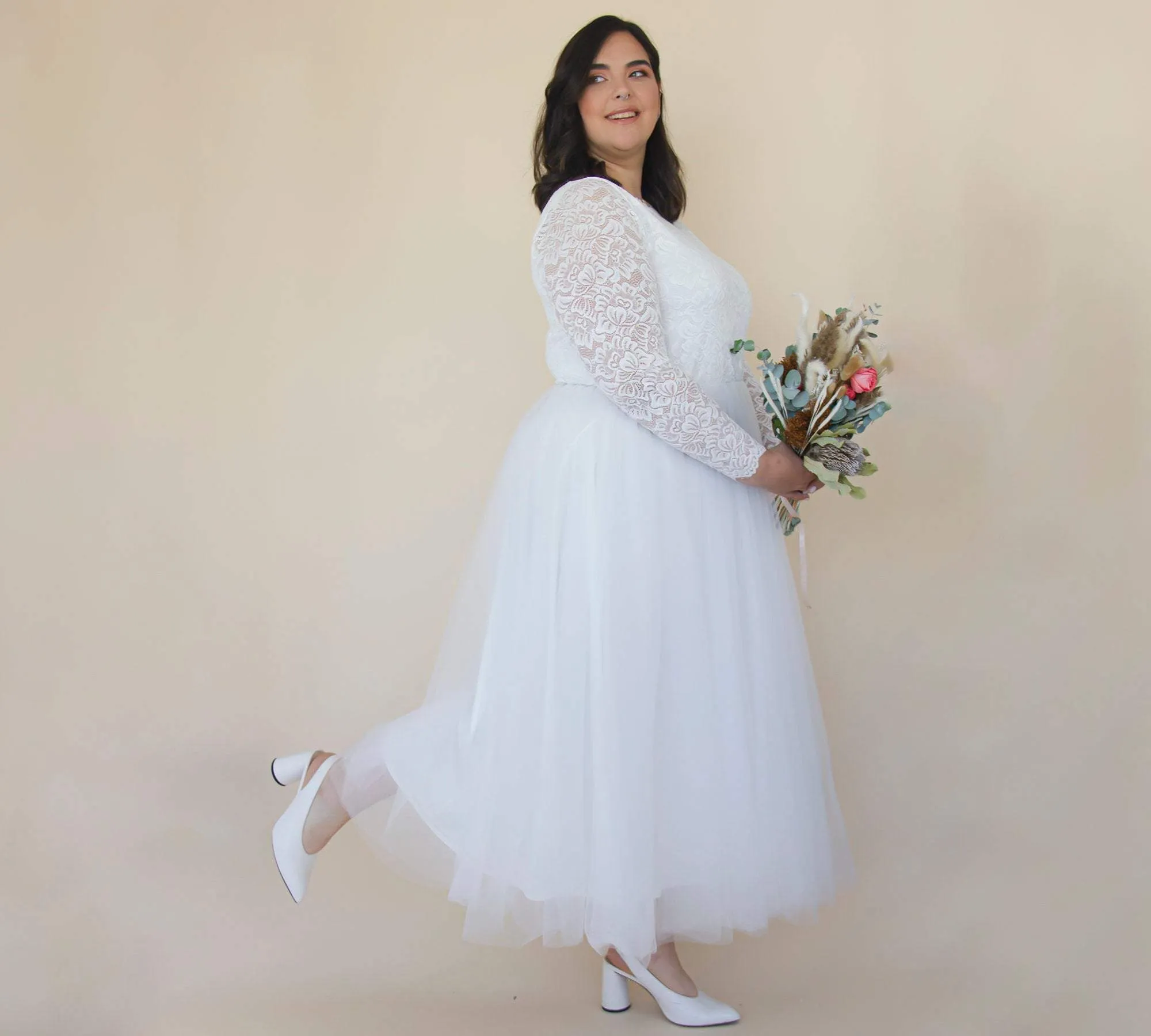 Short wedding dress ,Curvy  Ivory Boat neckline Tulle & Lace Midi Dress #1323