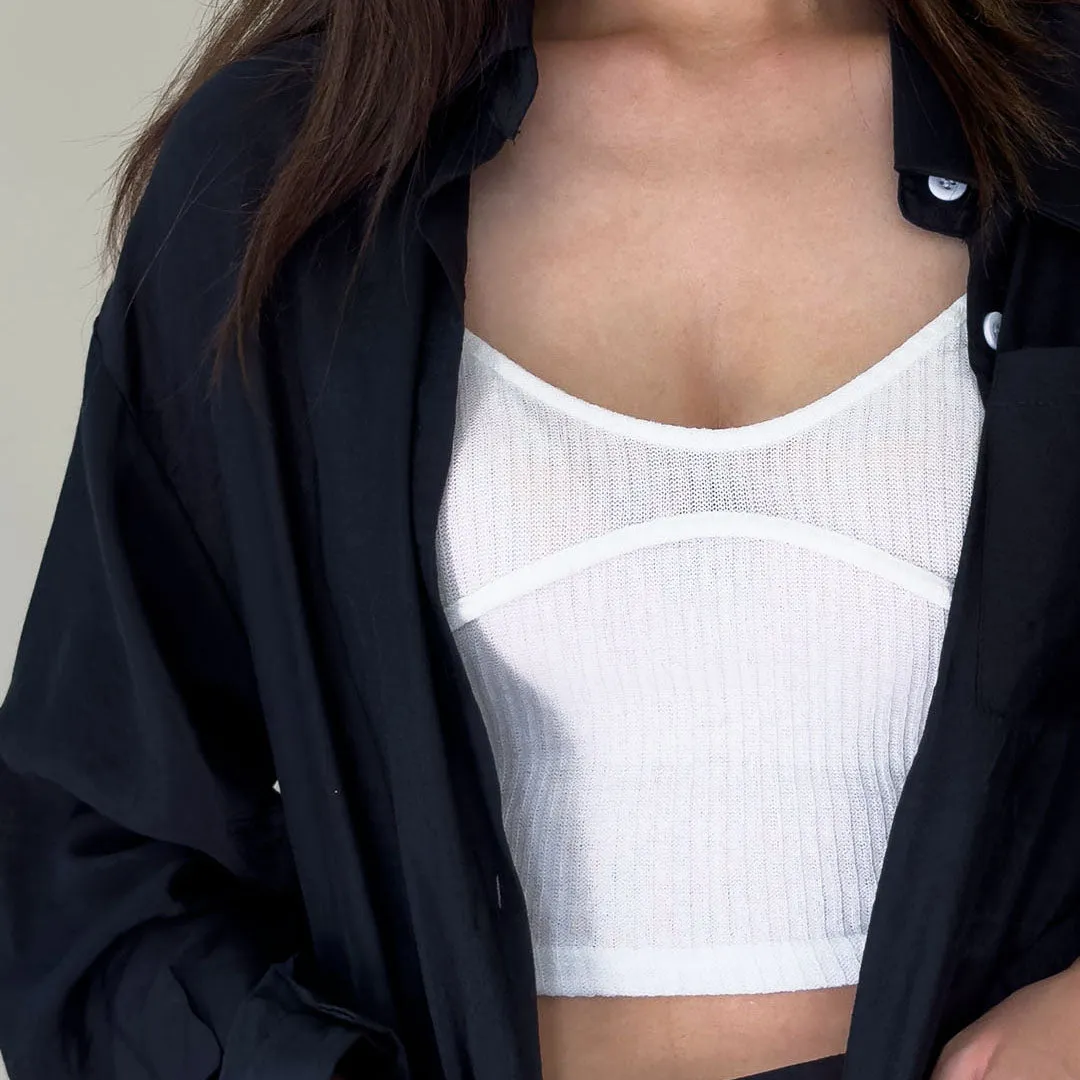 Shoulder String Ribbed Knit Crop Top