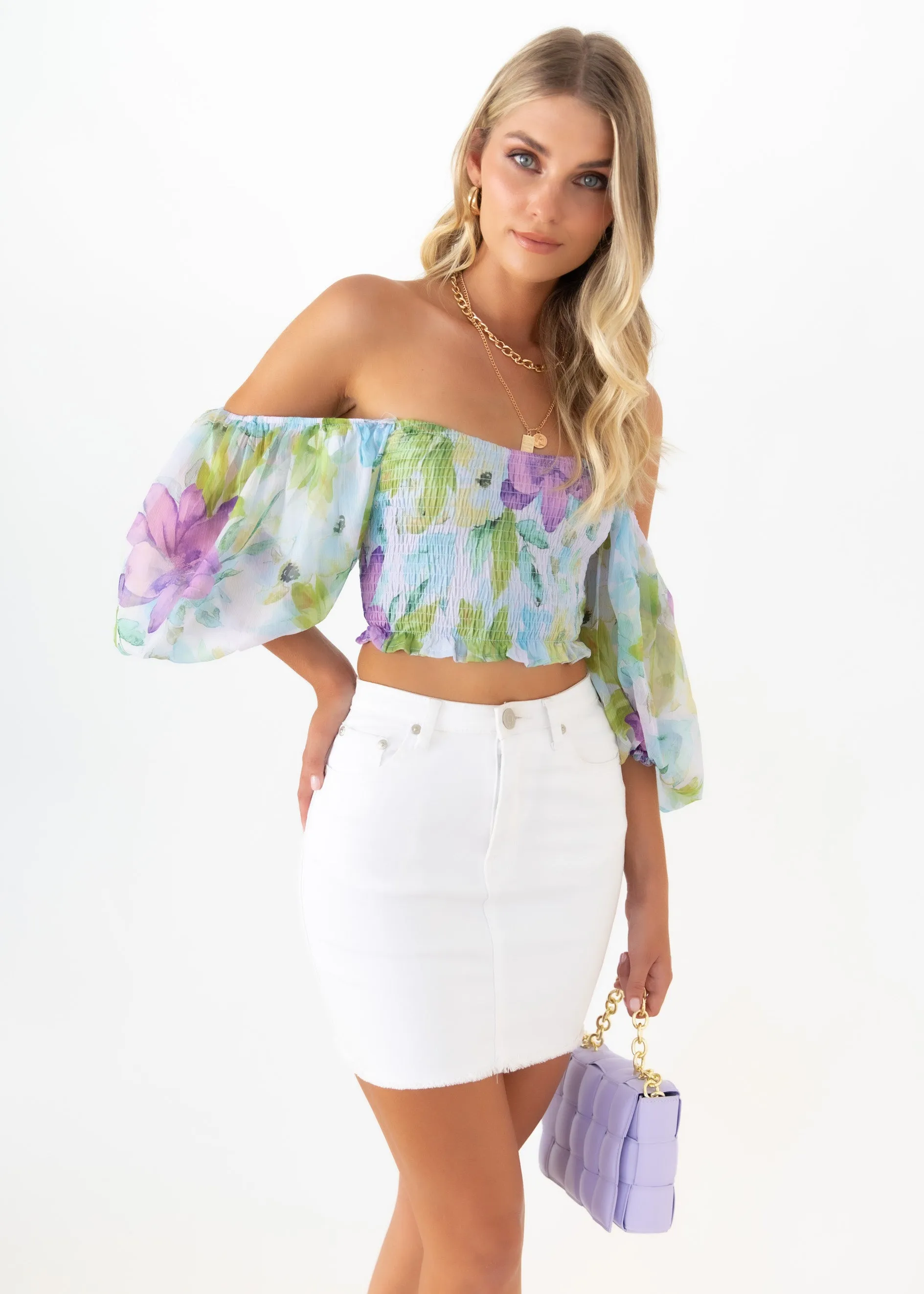 Signet Off Shoulder Crop - Lilac Floral