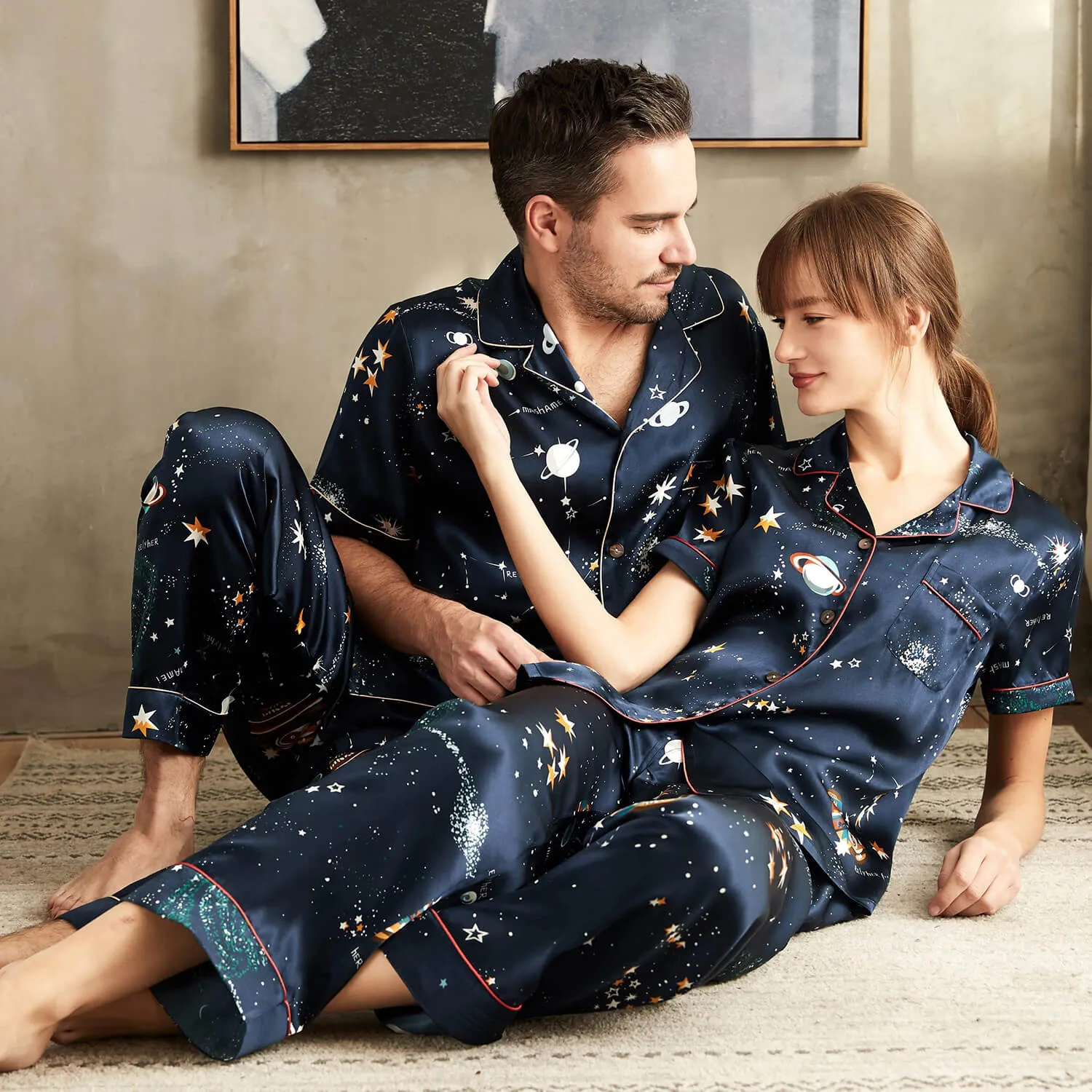 Silk Matching Pajamas Set Universe Printed Couples Silk Pajamas
