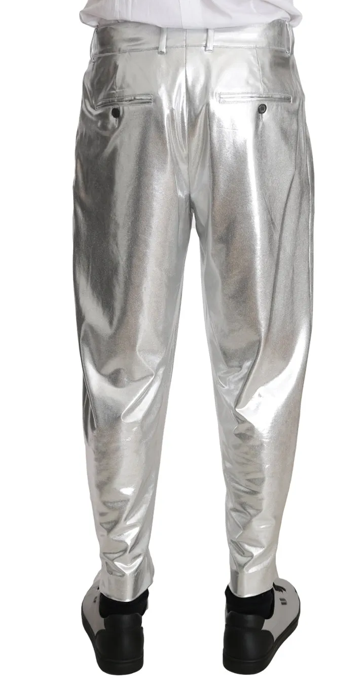Silver Cotton Stretch Shiny Trousers