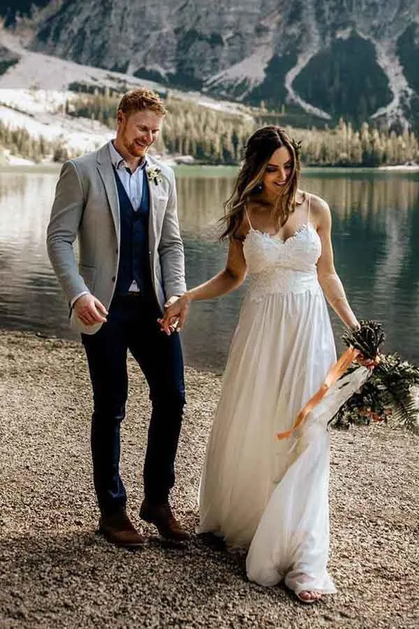 Simple A-line Lace Spaghetti Straps Beach Wedding Dresses With Train, MW567