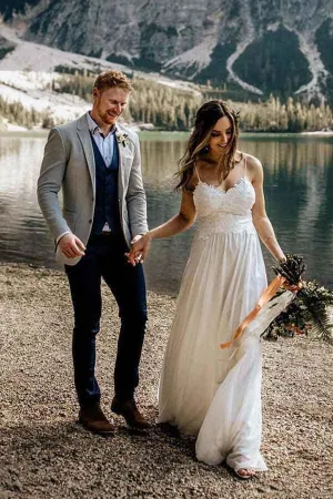 Simple A-line Lace Spaghetti Straps Beach Wedding Dresses With Train, MW567