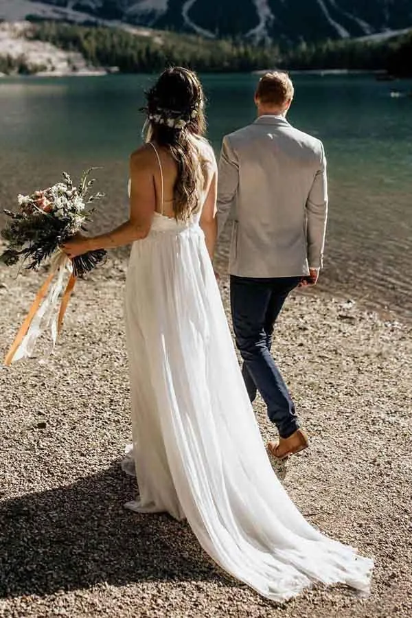 Simple A-line Lace Spaghetti Straps Beach Wedding Dresses With Train, MW567