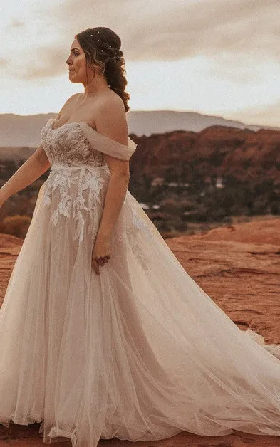 Simple A Line Off-the-shoulder Tulle Sleeveless Wedding Dress with Train Sexy Elegant Romantic Country Garden-716802