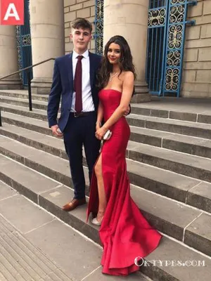 Simple Red Long Cheap Mermaid Strapless Prom Dresses Online, TYP1842