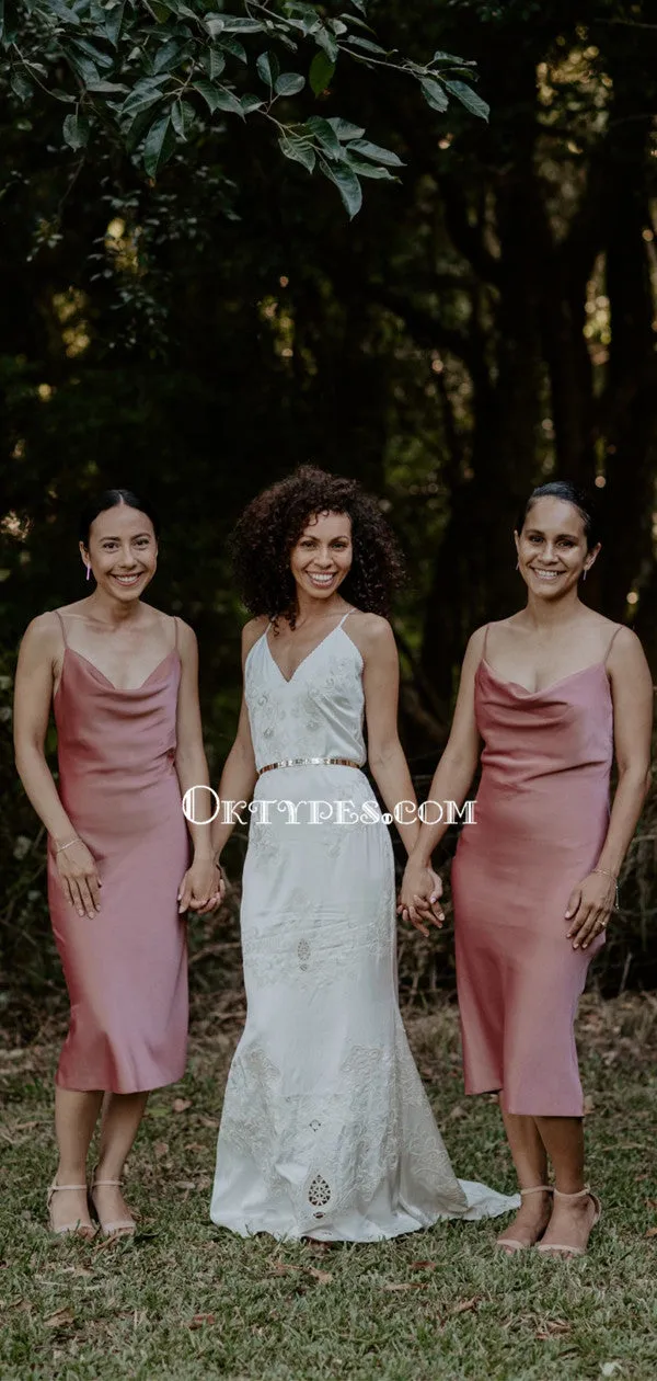 Simple Spaghetti Strap Dusty Rose Elastic Silk Cheap Bridesmaid Dresses, BDS0083