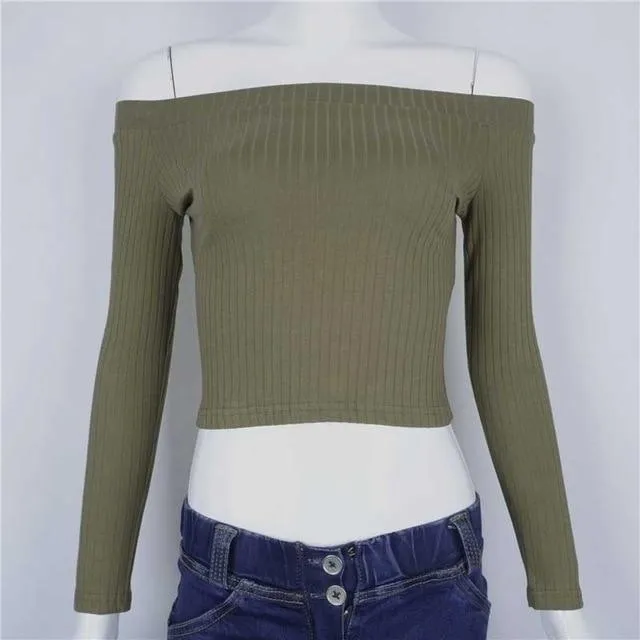 Solid Crop Knitted Off-Shoulder