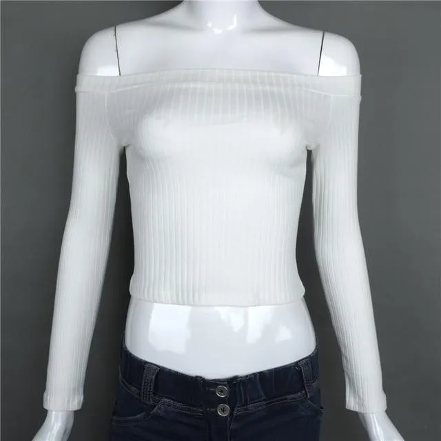 Solid Crop Knitted Off-Shoulder