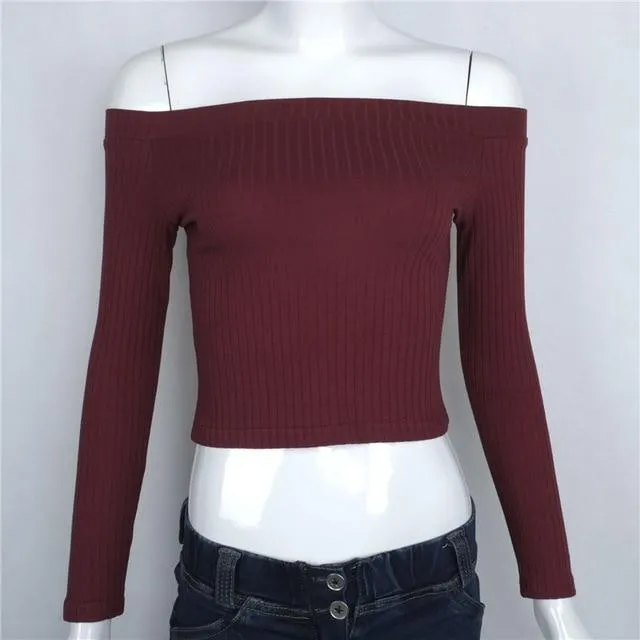 Solid Crop Knitted Off-Shoulder