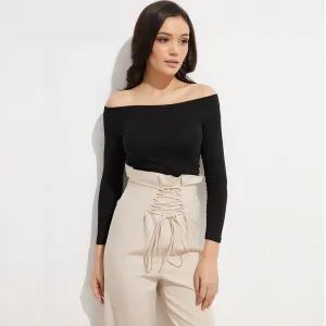 Solid Crop Knitted Off-Shoulder