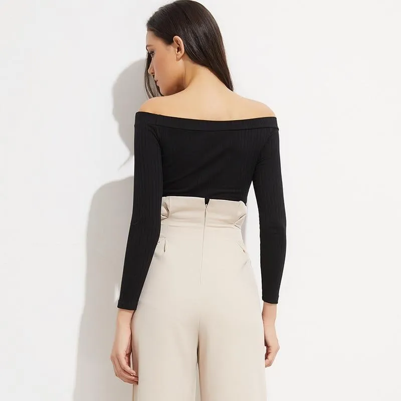 Solid Crop Knitted Off-Shoulder