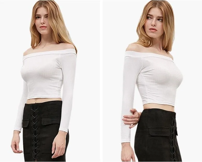Solid Crop Knitted Off-Shoulder