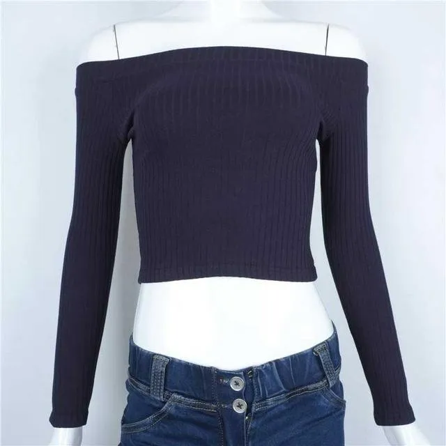 Solid Crop Knitted Off-Shoulder