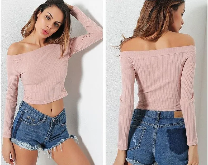 Solid Crop Knitted Off-Shoulder