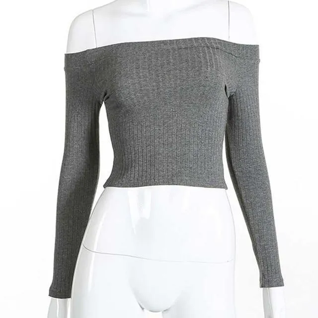 Solid Crop Knitted Off-Shoulder