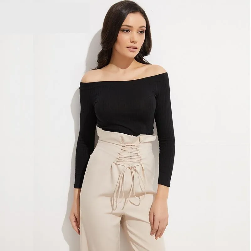Solid Crop Knitted Off-Shoulder