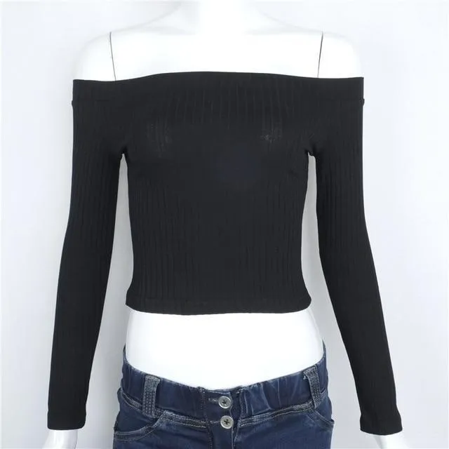 Solid Crop Knitted Off-Shoulder