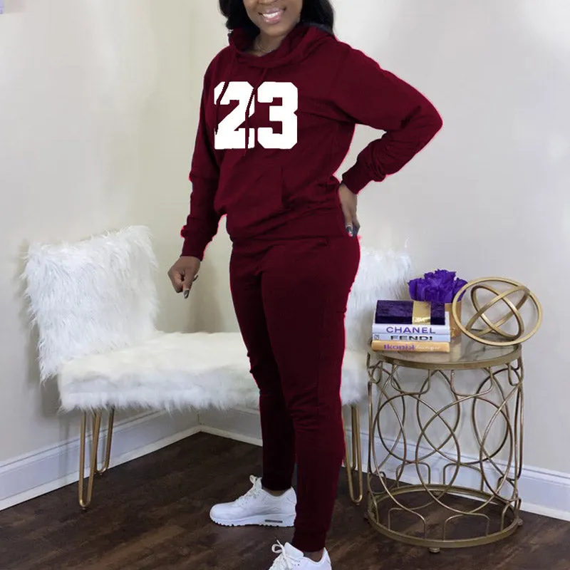Solid Letter Print Hoodie Top & Pants Set