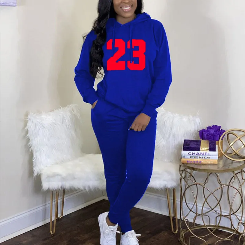 Solid Letter Print Hoodie Top & Pants Set