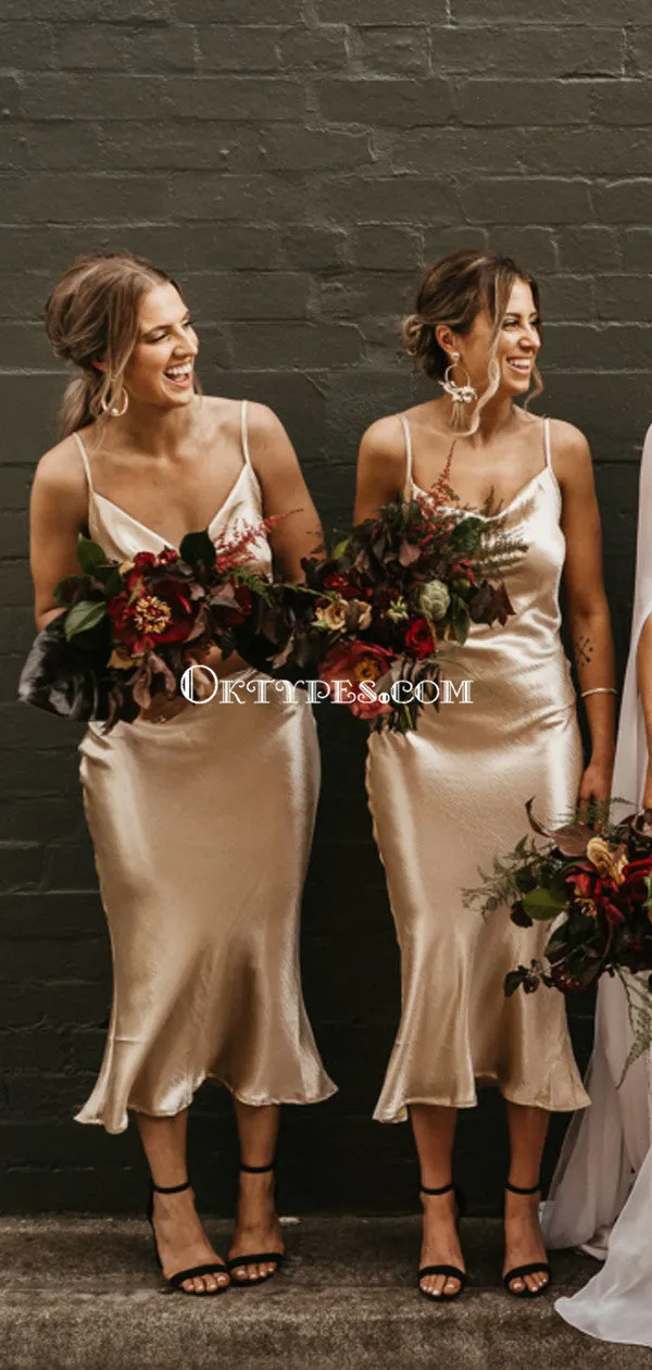 Spaghetti Strap Champagne Elastic Silk Mermaid Long Cheap Bridesmaid Dresses, BDS0093