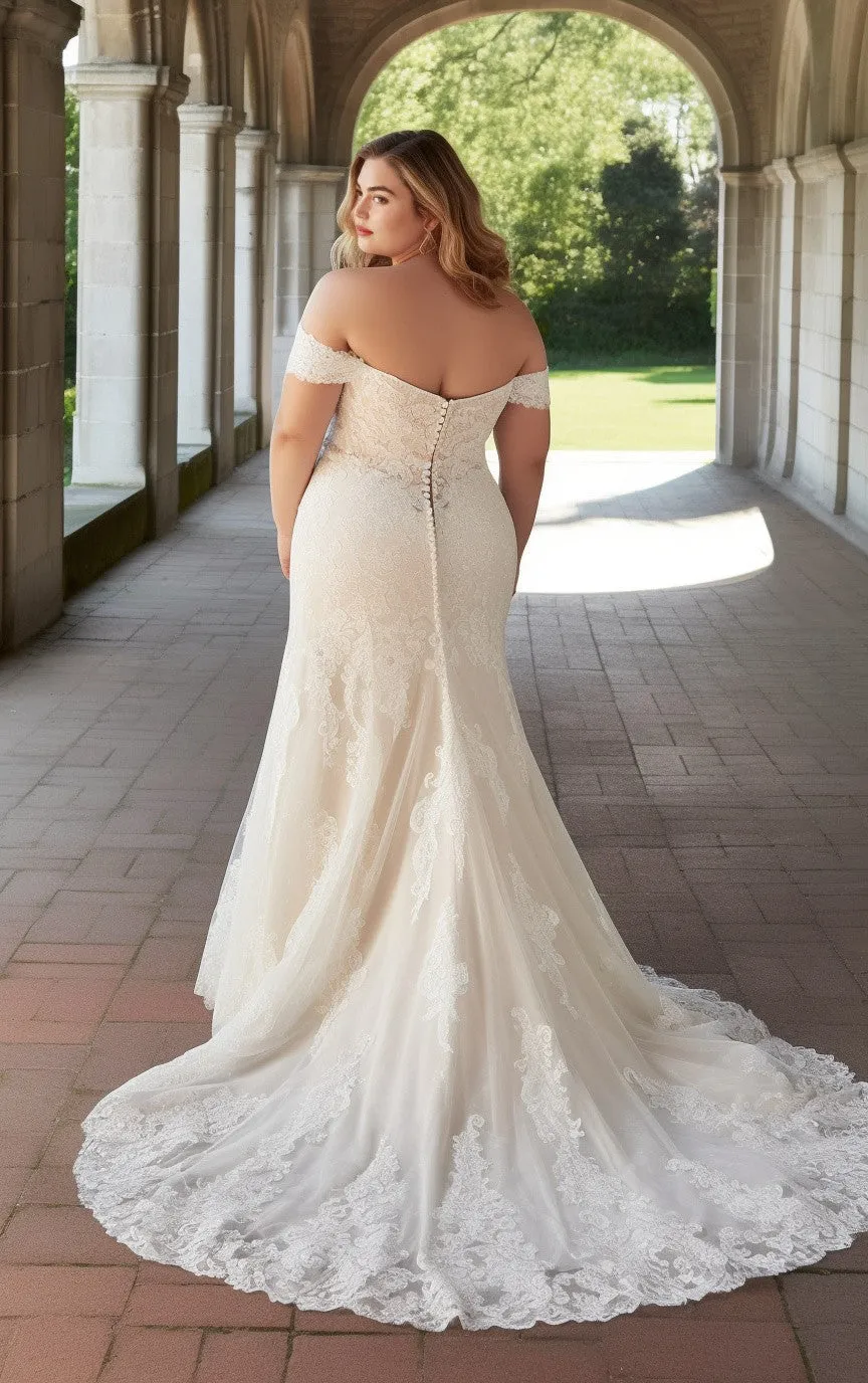 Spring Beach Country Plus Size Off-the-Shoulder Mermaid Boho Lace Wedding Dress with Sweep Train