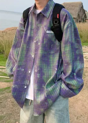 Spring Dye Shirts Tie Green Cotton Chic Oversized Men's Plaid