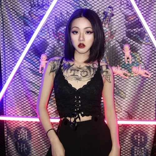 Spring Summer Black Lace Short Girl Lace Braces Lace Up Overbodice