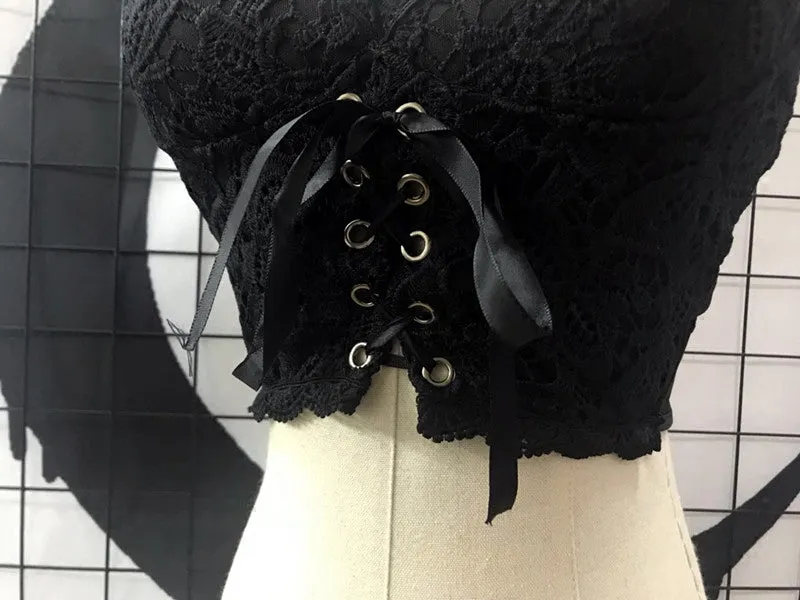 Spring Summer Black Lace Short Girl Lace Braces Lace Up Overbodice