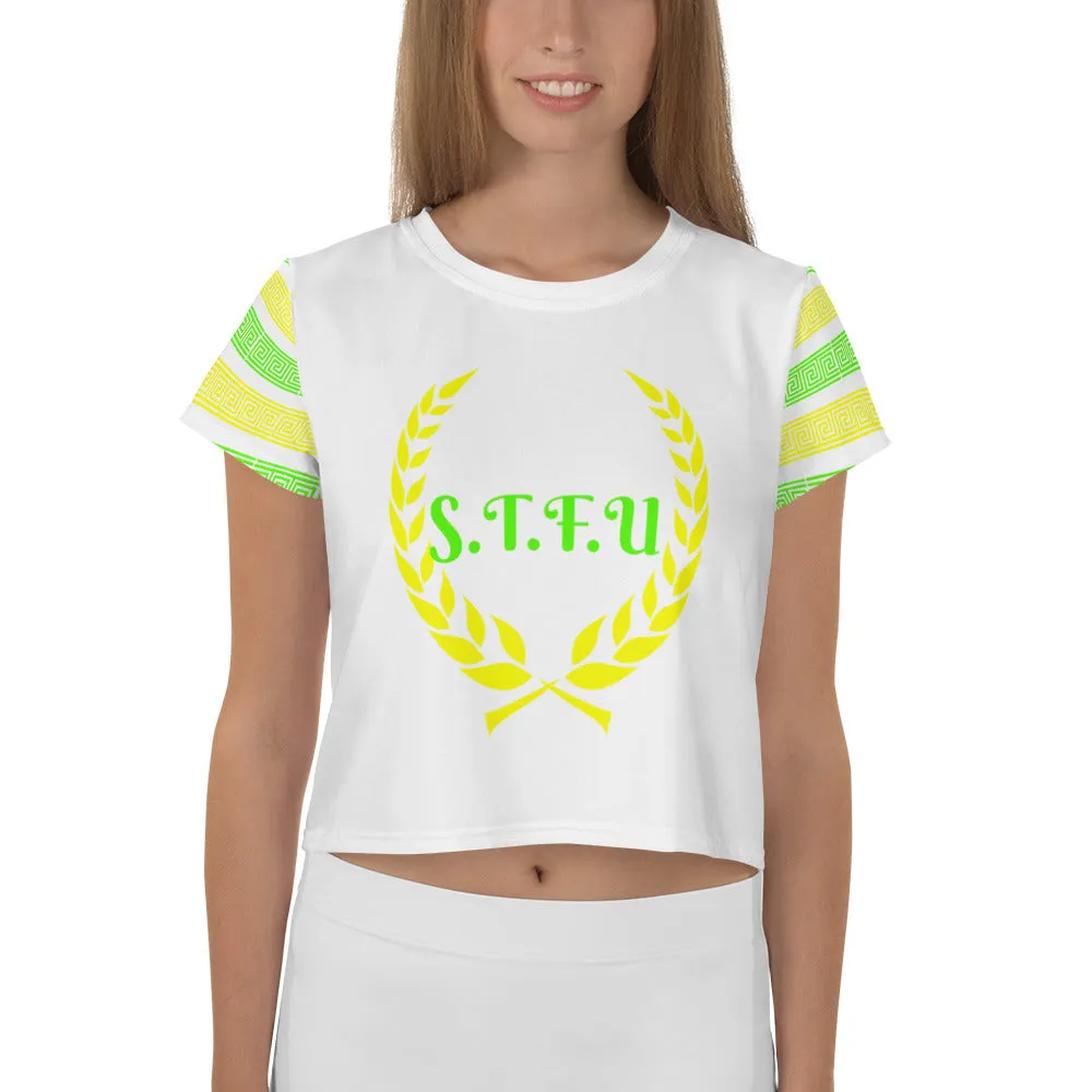 STFU Greek Crop Top - Green & Yellow on White
