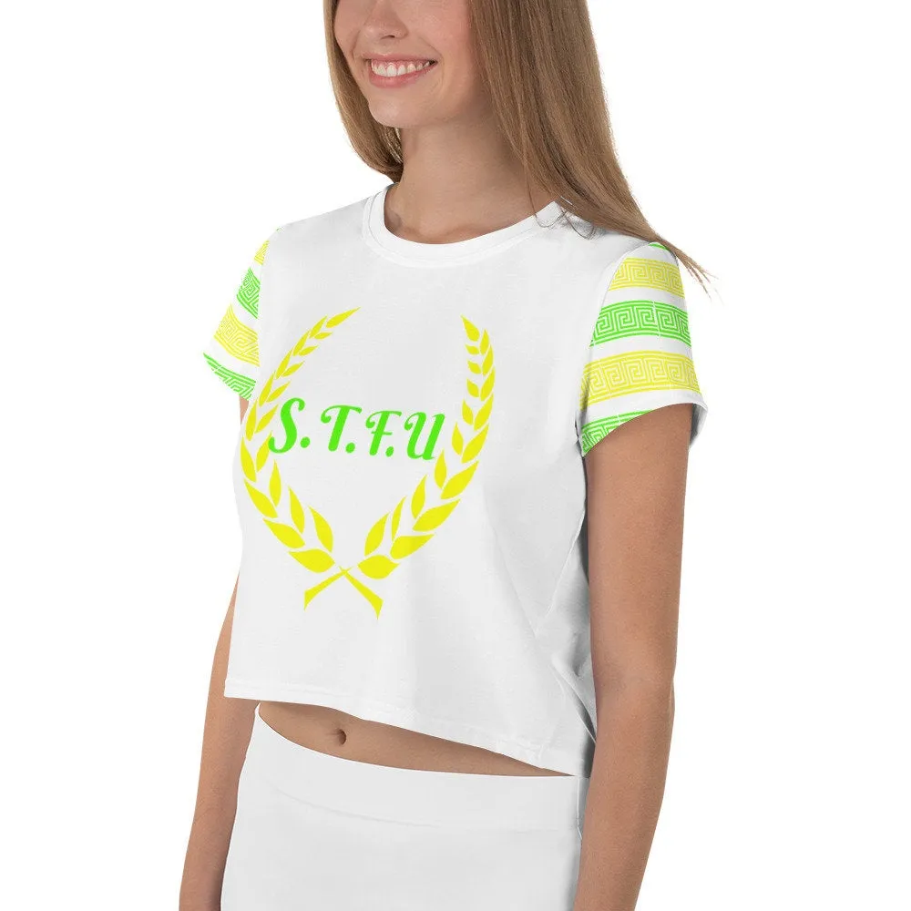 STFU Greek Crop Top - Green & Yellow on White