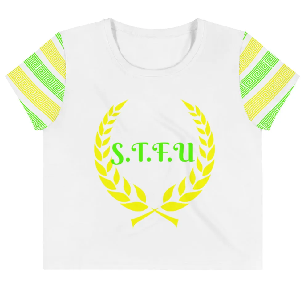STFU Greek Crop Top - Green & Yellow on White
