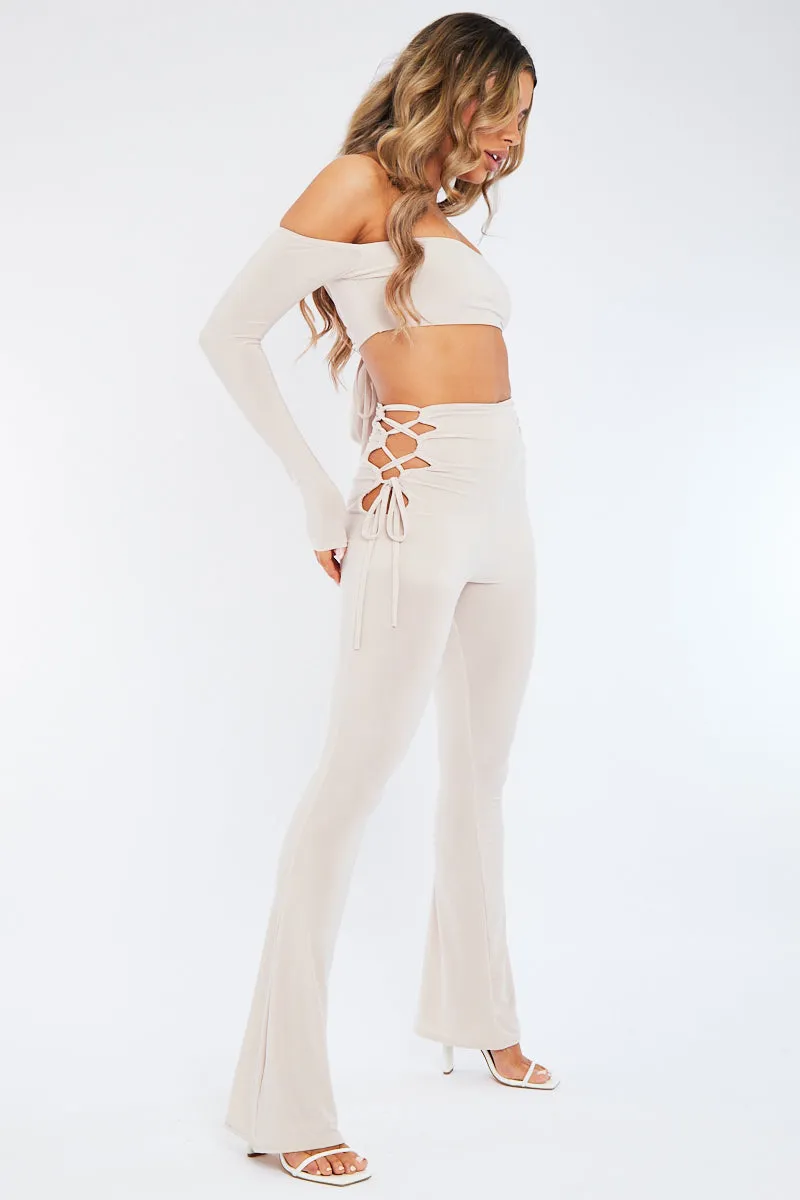 Stone Slinky Bardot Crop Top & Lace Up Trouser Set - Shay