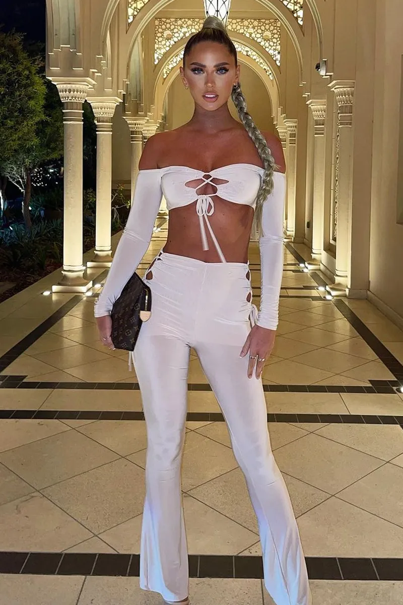 Stone Slinky Bardot Crop Top & Lace Up Trouser Set - Shay