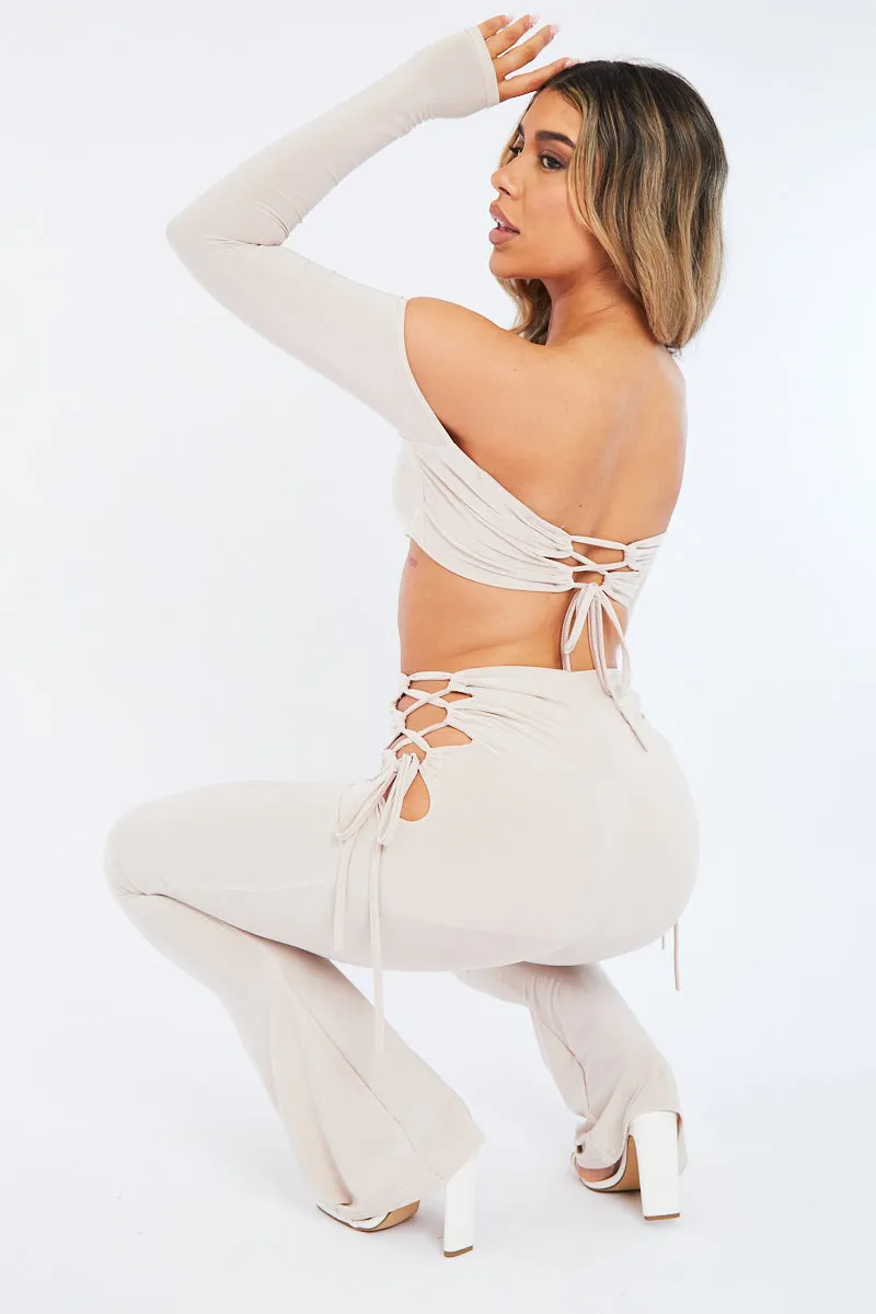 Stone Slinky Bardot Crop Top & Lace Up Trouser Set - Shay