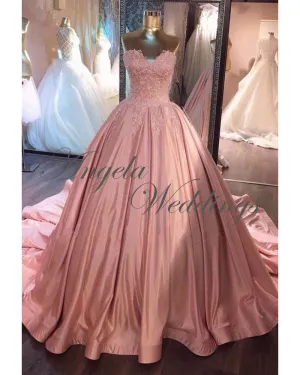 Strapless Pink Elastic Satin Lace Prom Dresses Ball Gown 2018