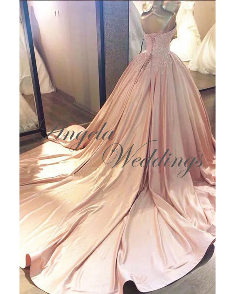 Strapless Pink Elastic Satin Lace Prom Dresses Ball Gown 2018