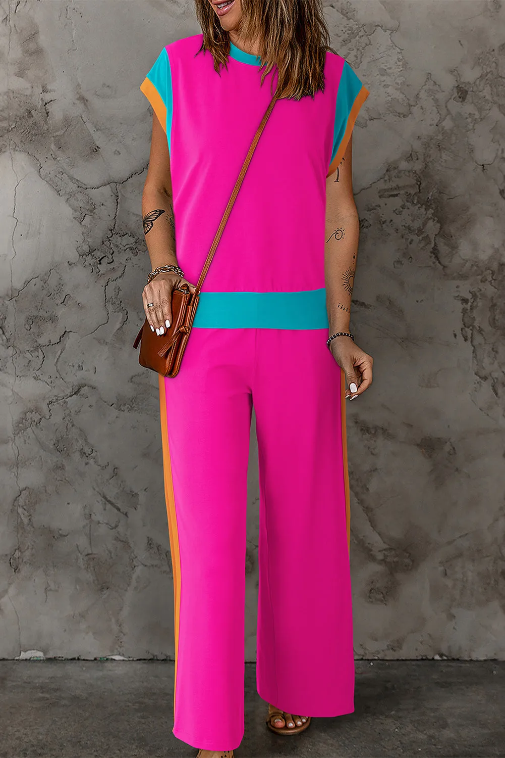 Strawberry Pink Color Block Detail Casual Two-piece Outfit