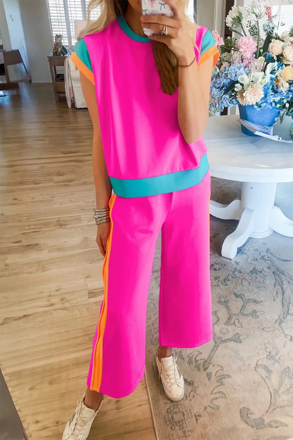 Strawberry Pink Color Block Detail Casual Two-piece Outfit